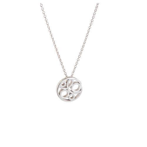 A delicate silver necklace with a dainty sterling silver pendant featuring a swirl design. The Flow Pendant Small Silver by Miriam Wade is suspended from a fine silver chain, all Irish hallmarked. The background is plain white, highlighting the necklace's intricate details.