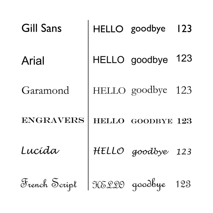 An image displaying the words "HELLO," "goodbye," and "123" in various fonts. Fonts listed are Gill Sans, Arial, Garamond, Engravers, Lucida, and French Script. Each word and number is shown in the corresponding font next to its name. Imagine these elegant styles engraved on a customizable jewelry piece like an Engravable Simple Hammered Sterling Silver Band by Engravable Jewellery.