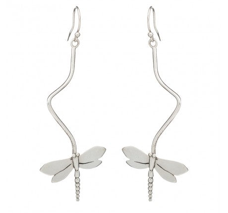 A pair of elegant dangle earrings featuring a dragonfly design. These **Gallardo & Blaine Designs Wildlife Papyrus Earrings** have a long, wavy drop from the hook to the detailed wings and beaded body, forming the lower part of the design. Part of our wildlife collection jewelry, they capture nature's beauty splendidly.