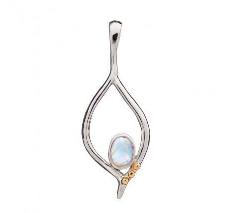 The Desert Flame Pendant in various gemstones by Gallardo & Blaine Designs features an elegant teardrop-shaped silver frame with a centrally set, oval moonstone. Three small, clustered gold accents are attached near the base, adding a touch of contrast and detail to the gemstone design, evoking the art nouveau style.