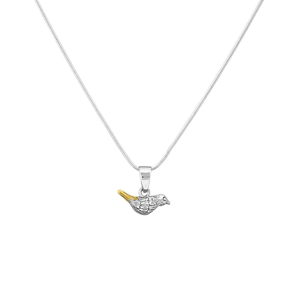 A delicate silver necklace from our Wildlife Collection features a small robin pendant. The bird is primarily silver, with a golden tail. The minimalist and elegant design is suspended on a thin, snake chain against a plain white background. This exquisite piece, the Wildlife Pendant - Robin with Chain by Gallardo & Blaine Designs, epitomizes refined craftsmanship and timeless beauty.