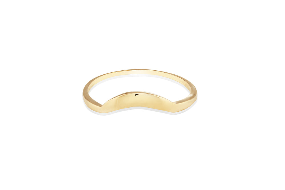 The Cosmic Boulevard Sunrise Ring 9ct Rose Gold features a smooth, curved wave design ideal for stacking, shown on a white background.