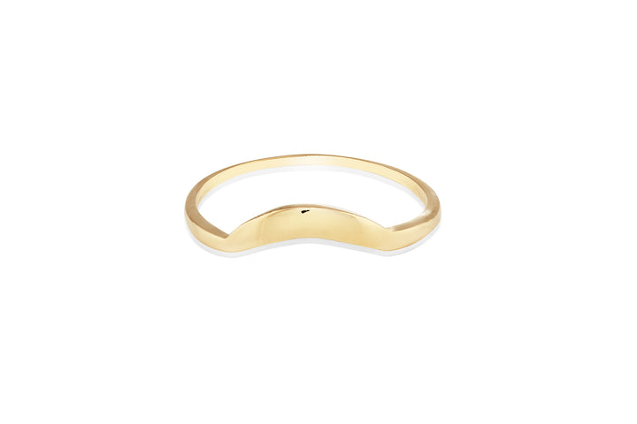 A simple 9ct gold ring featuring a subtle, wave-like curve in its design. The band is smooth and polished, giving it a sleek and elegant appearance. The Cosmic Boulevard Sunrise Ring 9ct Gold's unique curved design distinguishes it from a standard circular ring.