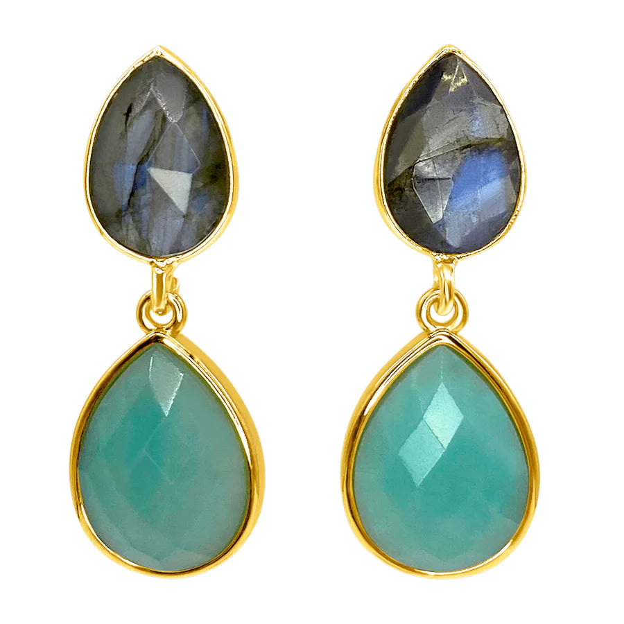 The Blue Lagoon Earrings by Aria V feature gold-framed aqua blue jade drops with a dark faceted teardrop above a larger light blue-green stone—handmade in Ireland.