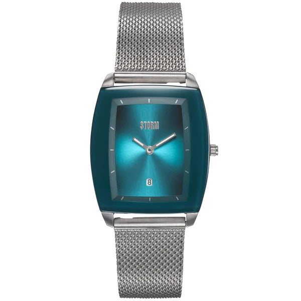 A sleek wristwatch with a rectangular turquoise face, featuring minimalist silver hour markers and hands. The watch includes a small date window at the 6 o'clock position and boasts a gold mesh strap, exuding elegance. Perfect for those who appreciate the refined design of the Storm Mini Zaire Teal by Storm Watches.