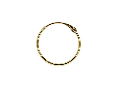 A close-up of a golden Endless Creole Hoops-9ct Yellow Gold with a clasp mechanism from Watermelon Tropical. The earring is simple, thin, and circular, made from 9ct yellow gold with a polished finish, lying on a plain white background.