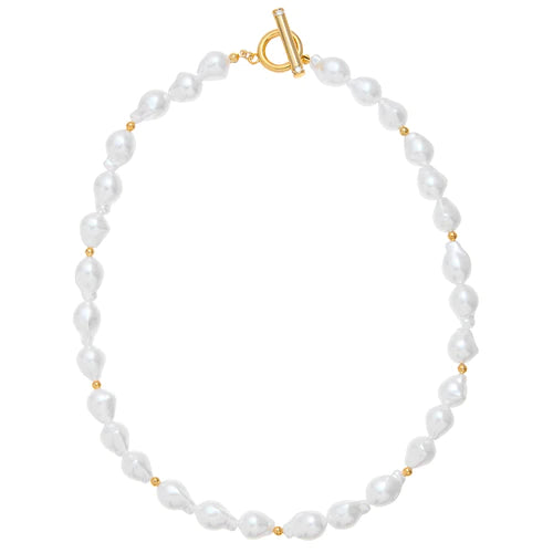 Pearl & Gold Bead Pave T-Bar Necklace - Gold