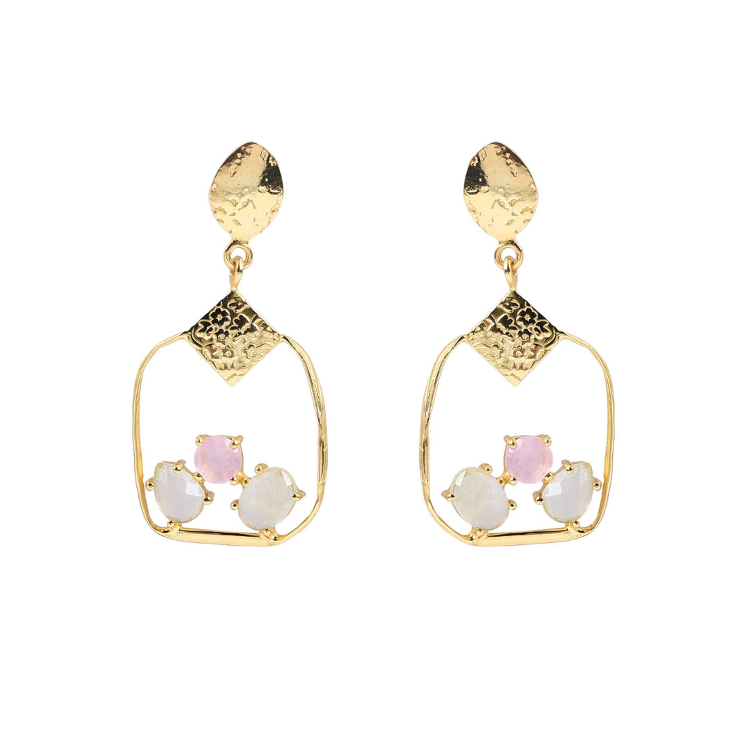 The Collective Dublin - Home to Irish Design - Watermelon Tropical  : Rose Chalcedony Rainbow Moonstone Square Gold Earrings