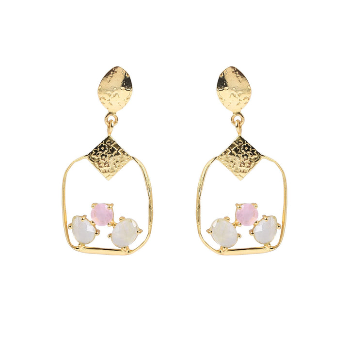 Watermelon tropical Rose Chalcedony & Rainbow Moonstone Square Gold Earrings with textured teardrop studs, featuring an open geometric design. Each earring has two white stones and one pink Rose Chalcedony stone set in the center of the frame, creating an elegant and delicate appearance.