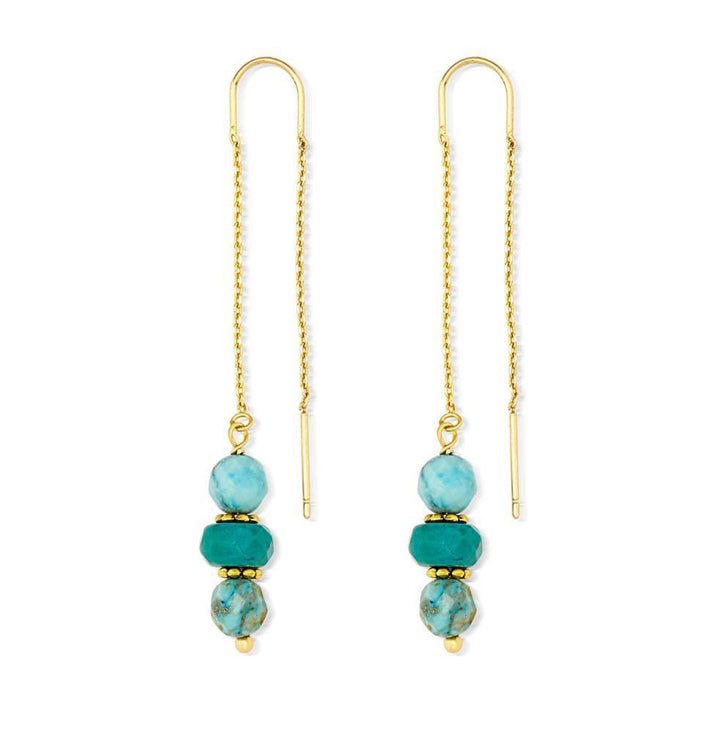 A pair of elegant 16k gold plated threader earrings featuring handcrafted turquoise beads in varying shapes and patterns. Each earring has a thin gold chain that threads through the ear, supporting three turquoise beads in a vertical arrangement, beautifully handmade in Dublin. Introducing the Teia Earrings by Aria V.