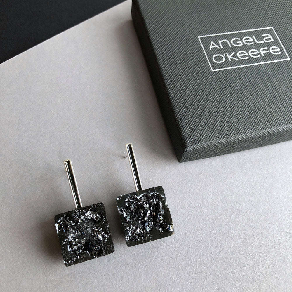 The Collective Dublin - Home to Irish Design - Angela O'Keefe : Urban Geode Square Black Resin Earrings