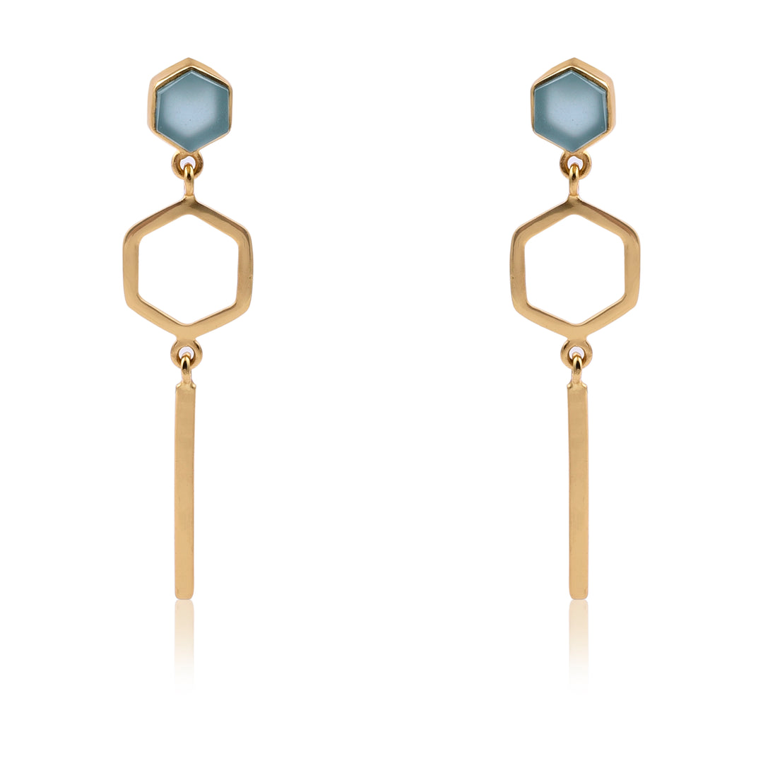 Aqua Chalcedony Hexagon Dangle Gold  Earrings