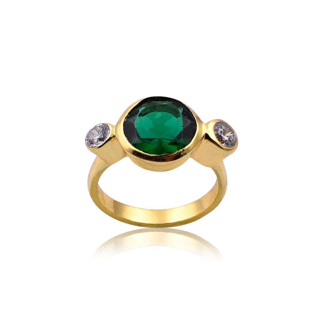 The Watermelon tropical Green Quartz & Cubic Zirconia Gold Ring features a large round green quartz centerpiece with two smaller clear cubic zirconia stones, beautifully displayed on a white background.