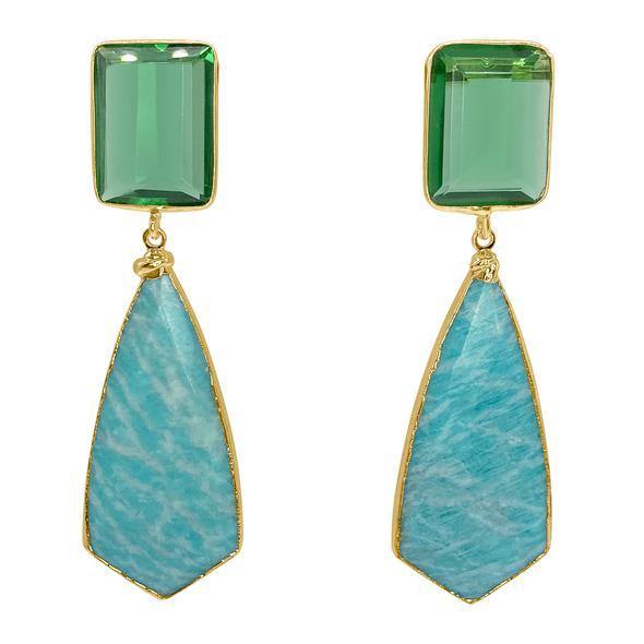 Introducing the Cote d'Azur Earrings by Aria V: A pair of stunning earrings featuring rectangular green Amazonite stones at the studs, set in 16k gold brass. Dangling below each green stone is a trapezoidal turquoise gemstone, also encased in a gold setting, creating an elegant and luxurious look.