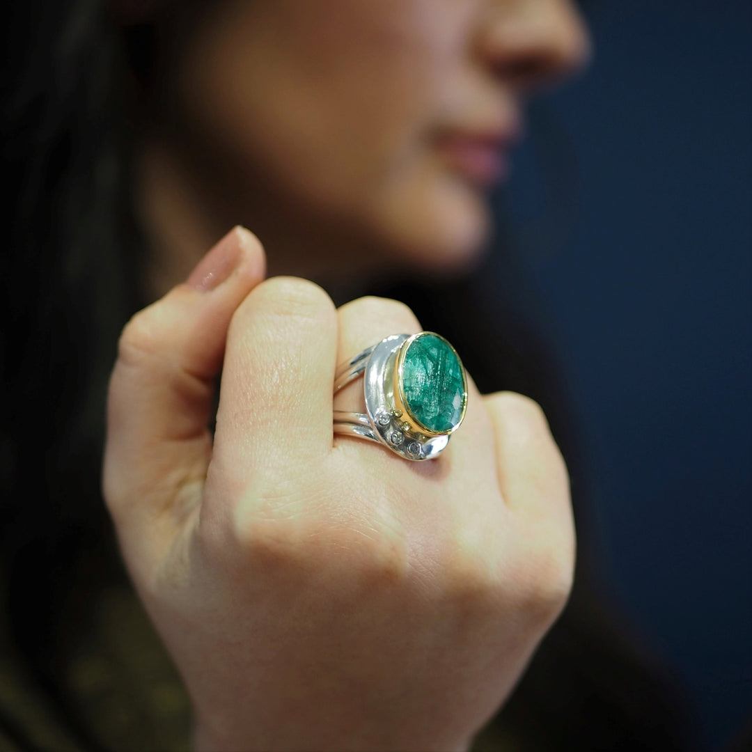 Eyetelia ring silver gold rough emerald-Gallardo & Blaine Designs