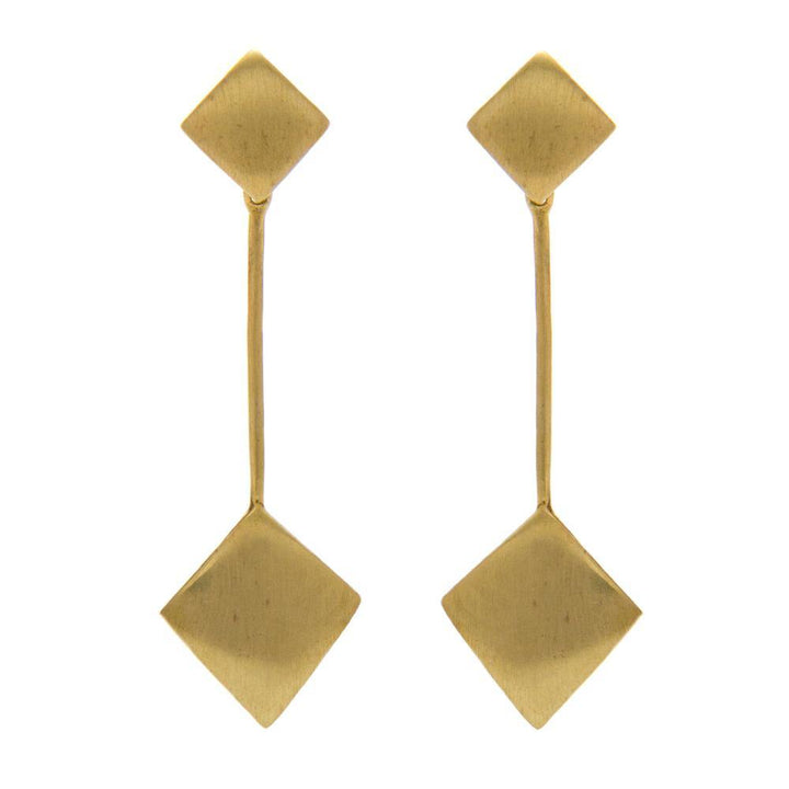 A pair of Art Deco Earrings In Gold Vermeil by Gallardo & Blaine Designs featuring small diamond-shaped studs at the top connected by a straight bar to larger diamond-shaped dangles at the bottom. The minimalist and elegant design evokes a touch of Art Deco sophistication.