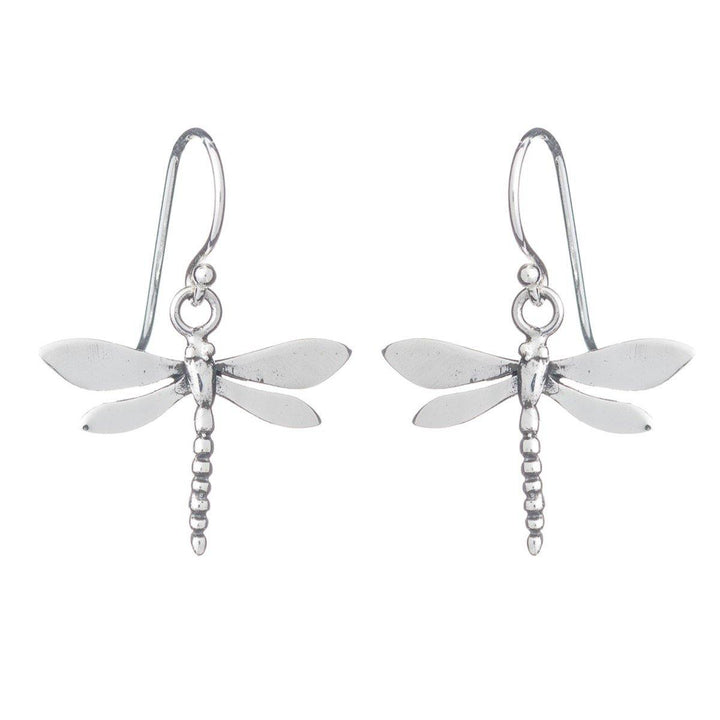 A pair of Wildlife Dragonfly Dangle Earrings by Gallardo & Blaine Designs with detailed wings and segmented bodies. The earrings hang from simple silver hooks. The design is symmetrical, with the dragonflies' wings gently curved and bodies extended downward—exquisite sterling silver dangle earrings for any occasion.