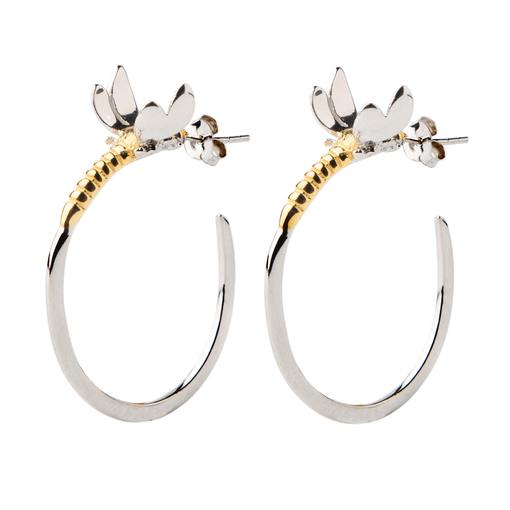 A pair of Wildlife Dragonfly Hoop Earrings in silver with dragonfly designs at the top from Gallardo & Blaine Designs. The dragonflies feature detailed wings and gold vermeil bodies, adding an elegant touch to the hoops. The earrings are displayed against a white background.