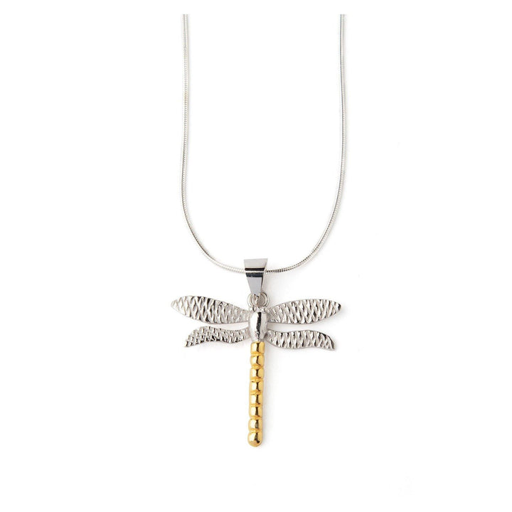 A Wildlife Pendant - Large Dragonfly With Chain featuring a silver dragonfly pendant with a golden segmented body. The detailed wings are suspended from a sleek silver snake chain. Part of our Gallardo & Blaine Designs' Wildlife Collection, the pendant combines both glossy and matte finishes for a striking effect.