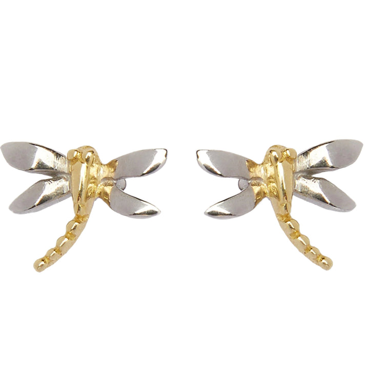 Part of our Wildlife Collection, the Gallardo & Blaine Designs Wildlife Small Dragonfly Studs are a pair of metallic earrings shaped like dragonflies. Featuring two-tone coloring with silver wings and gold bodies, the earrings have a sleek, polished finish and are symmetrically oriented facing outward.