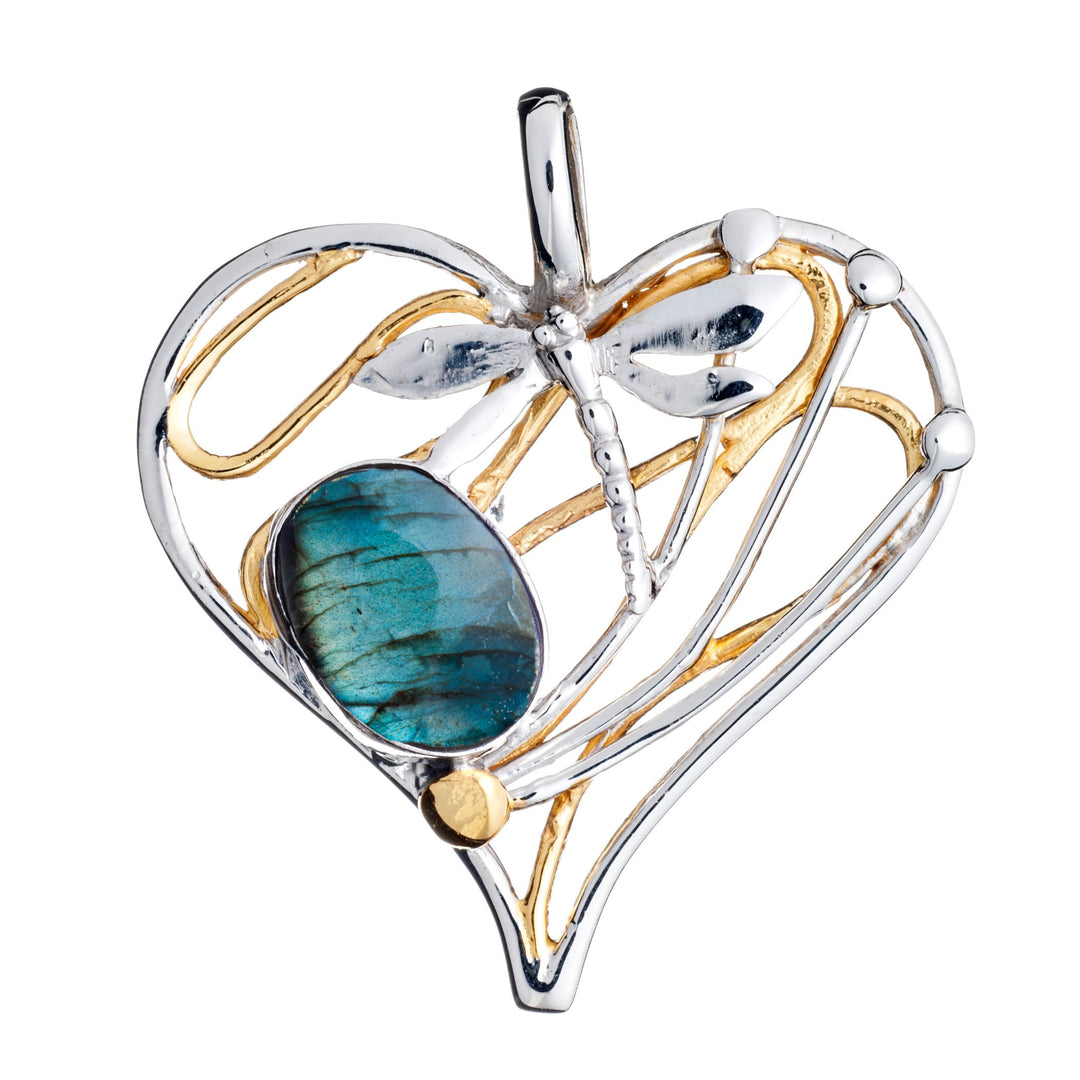 The Heart Dragonfly Pendant Large by Gallardo & Blaine Designs features silver and gold accents with a striking oval labradorite gemstone center—a unique piece to cherish from their gemstone pendant collection.
