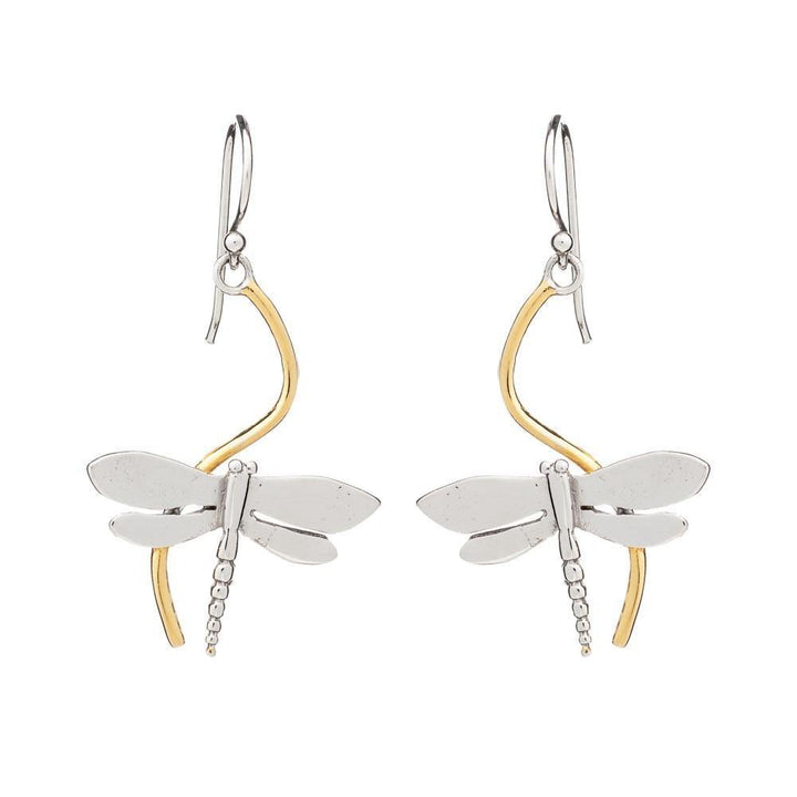 A pair of Gallardo & Blaine Designs Wildlife Juniper Earrings designed to resemble dragonflies. Each earring has a silver dragonfly with detailed wings and a beaded body, suspended from a curved, slightly twisted gold wire that forms the body of the dragonfly. Part of our exclusive Wildlife Collection, the hooks are silver.