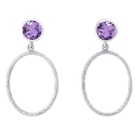 Gallardo & Blaine Designs Lunar Earrings in various gemstones featuring a round purple gemstone at the top with an attached textured oval hoop hanging below.