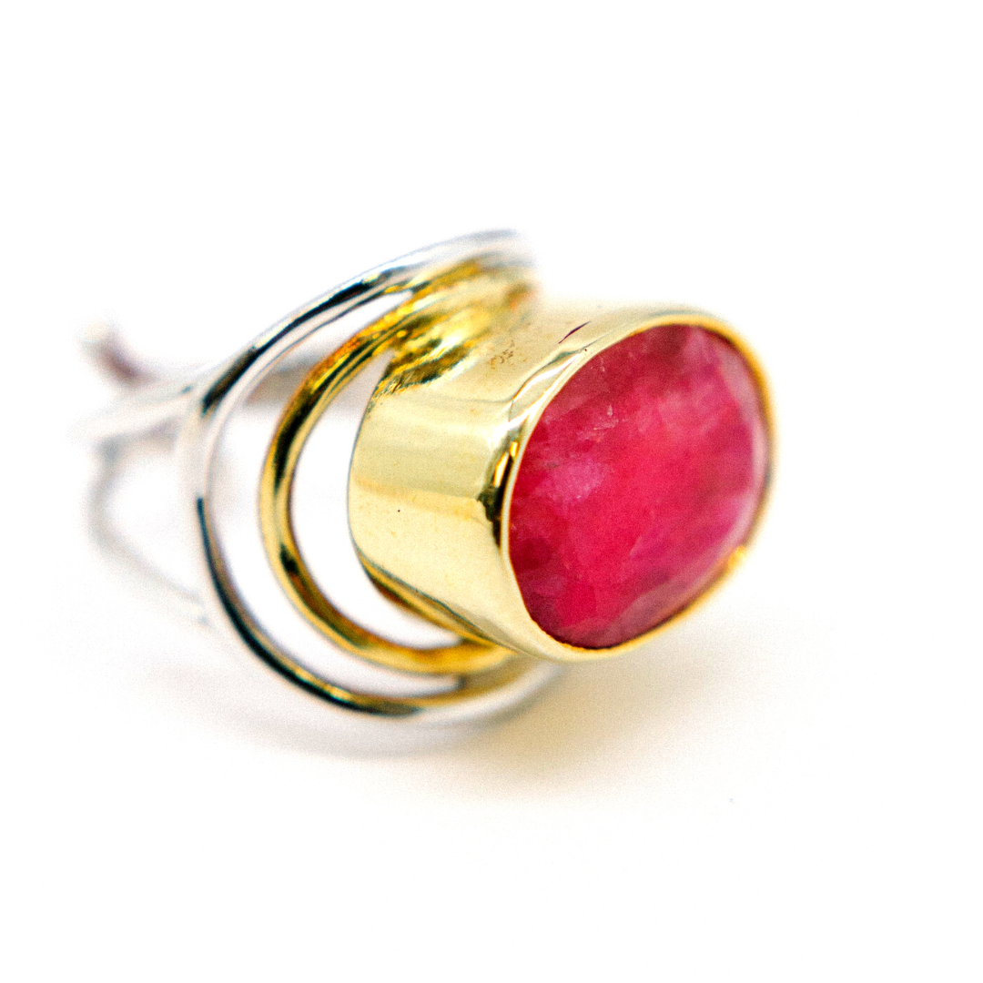 Statement Rough Ruby Ring Sterling Silver & Gold Vermeil