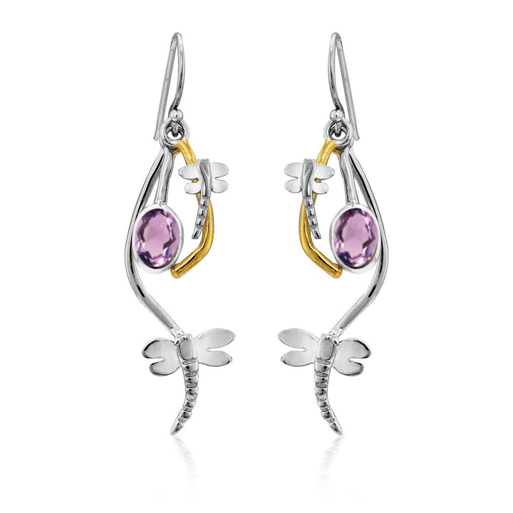 A pair of Ripple Earrings in various gemstones by Gallardo & Blaine Designs. Each earring features a round purple gemstone and intricate dragonfly details with gold-plated bodies and silver wings, beautifully combining polished silver and gold accents.