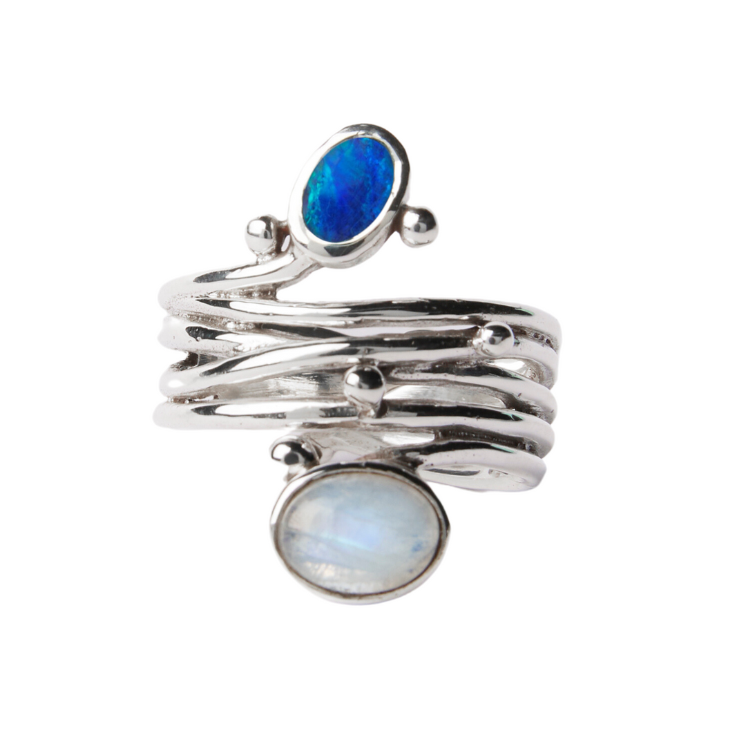 Entwined silver ring opal moonstone-Gallardo & Blaine Designs
