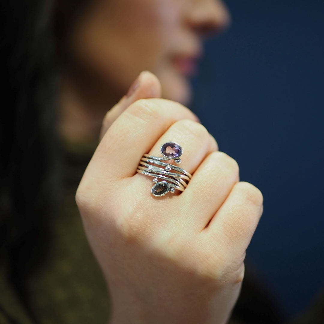 silver snake ring adjustable gemstones-Gallardo & Blaine Designs