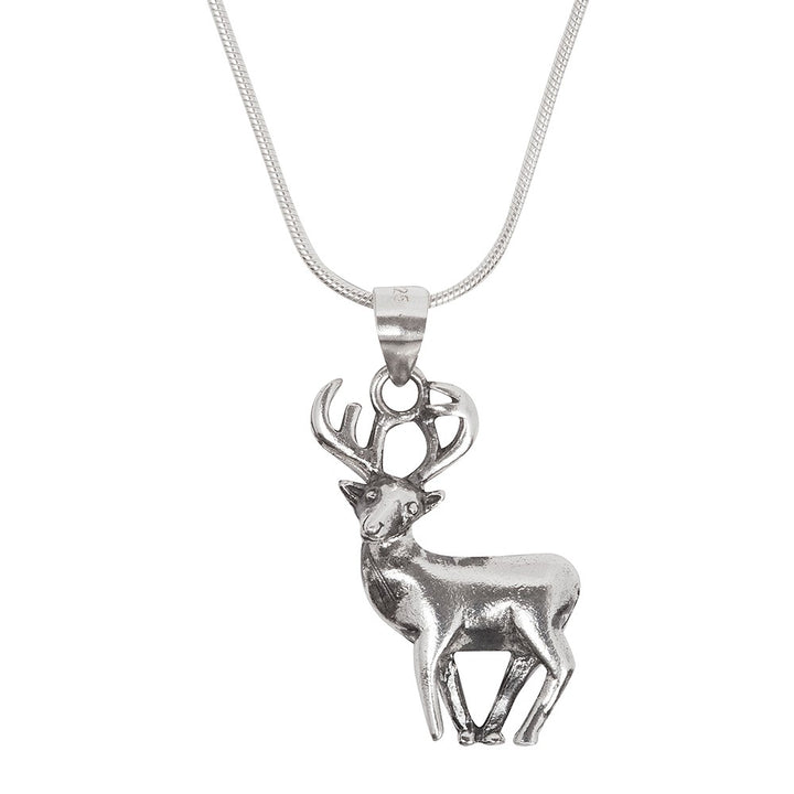 This Wildlife Pendant - Stag With Chain from Gallardo & Blaine Designs features a stunning stag pendant, intricately crafted to resemble a standing deer with antlers. The pendant is elegantly attached to a refined snake chain, adding a touch of sophistication.