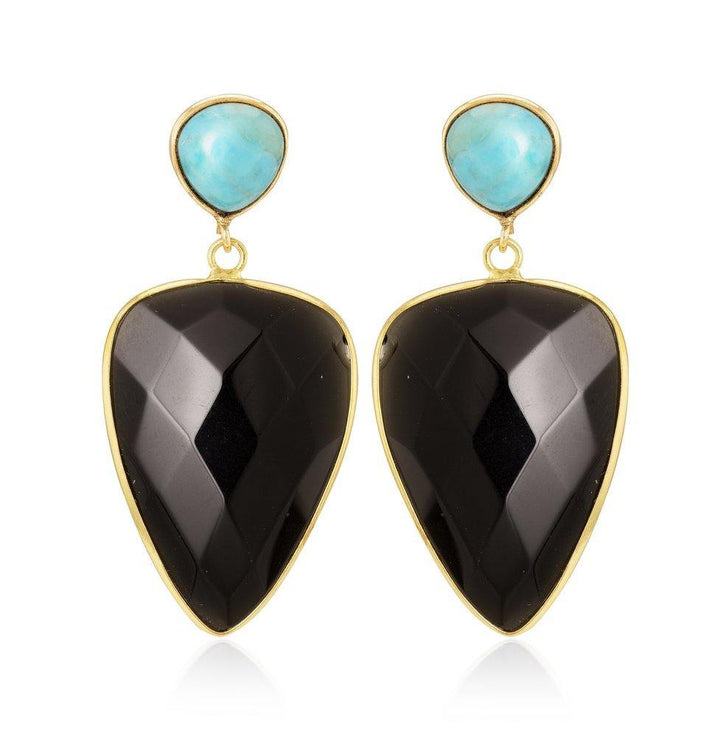 A pair of Ani Earrings by Aria V featuring large, faceted black onyx set in gold below small, round natural turquoise stones. The earrings have a glossy finish and are designed with an elegant contrast between the dark and vibrant colors.