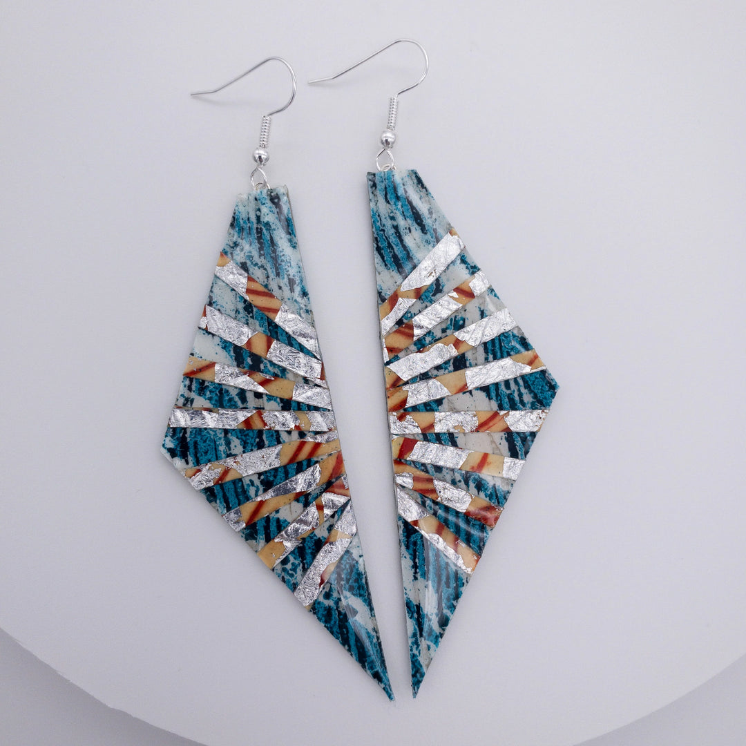 Adabel Batik Textile Earrings in Teal/Silver/Orange