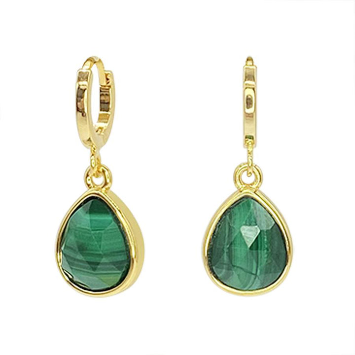 A pair of Aria V Malachite Drop Earrings featuring teardrop-shaped Malachite Drops. The handmade natural stones have a faceted surface, adding a shimmering effect. Suspended from 14k gold-plated brass hoops, these earrings create an elegant and stylish look.