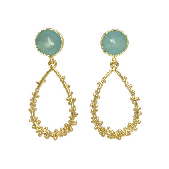 A pair of Maia Earrings by Aria V featuring teardrop-shaped, beaded 24k gold plated brass frames. Each earring has a round, aqua blue chalcedony stone at the top, connected to the teardrop frame by a small gold link.