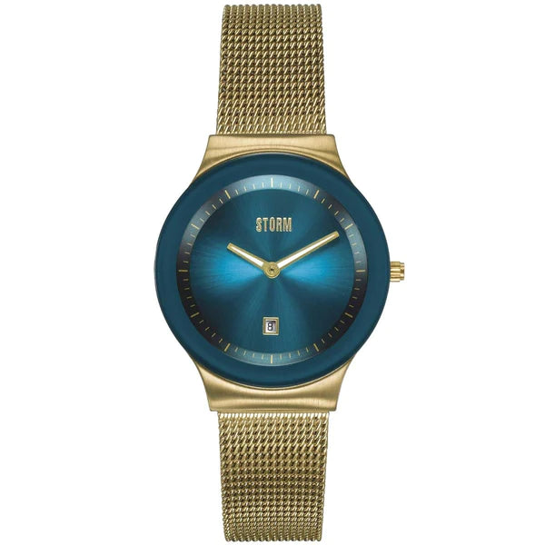 The Storm Mini Sotec Gold Teal by Storm Watches is a stylish, slim watch with a gold mesh strap, an edge-to-edge glass blue round face, and a small rectangular date display at the 6 o'clock position. The brand name "STORM" is printed in gold at the 12 o'clock position. The hour and minute hands are gold, with no second hand.