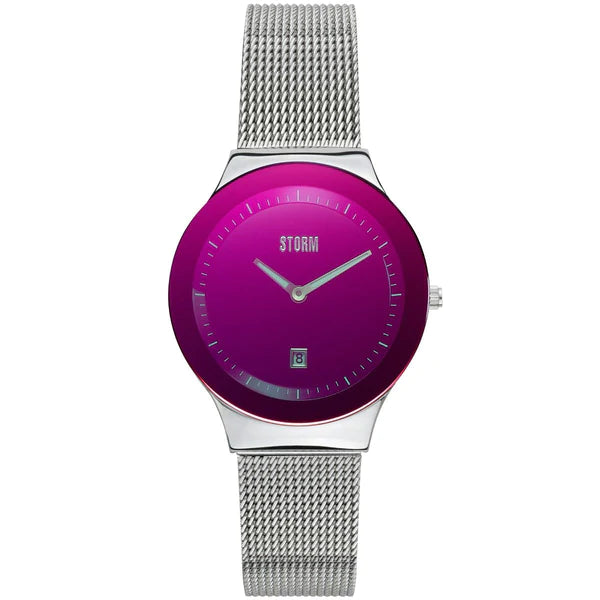 A stylish Storm Mini Sotec Lazer Purple watch featuring a vibrant magenta circular face with a minimalist design. It has silver hour markers, a small date window at 6 o'clock, and a gold plated stainless steel mesh band. The brand name "Storm Watches" is displayed below the 12 o'clock position.