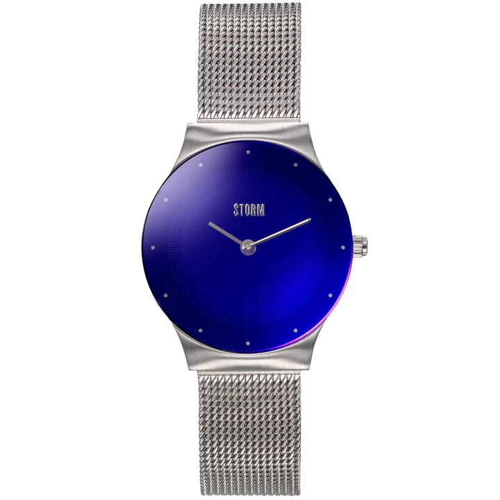 A minimalist men's wristwatch featuring the Storm Mini Terelo Lazer Blue Dial with no indices, a single crown, and silver hands. The dial has "STORM" logo inscribed. It is complemented by a sleek silver metal mesh band crafted from sustainable materials from Storm Watches.