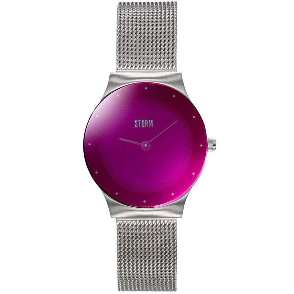 A sleek Storm Mini Terelo Lazer Purple watch with a metallic mesh strap and a vibrant pink circular face. Featuring the STORM Signature Lazer Dial, this minimalist design boasts subtle hour markers and "STORM" printed on the dial. Made with sustainable materials, it's both stylish and eco-friendly.