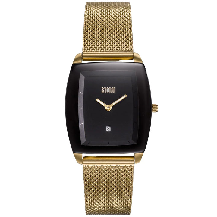 The Storm Mini Zaire Gold Black wristwatch by Storm Watches boasts a gold mesh strap and a rectangular black dial. This stylish timepiece features gold hour and minute hands, a small date window at the 6 o'clock position, and the brand name "STORM" near the 12 o'clock position, all crafted with sustainable materials.