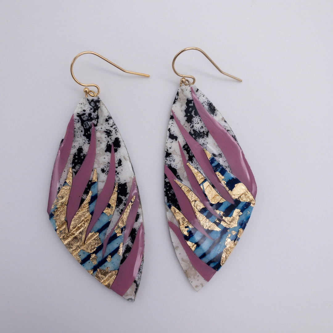 Peitil Batik Textile Earrings in Charcoal/Deep Rose/Lapis Gold