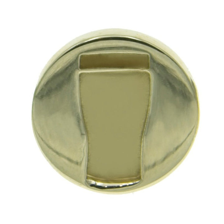 A custom brass lapel pin, gold-colored and circular, featuring an engraved design that resembles the outline of a pint glass in the center. The hand-finished Millett Wade Pint Lapel Pin boasts a smooth and shiny finish.