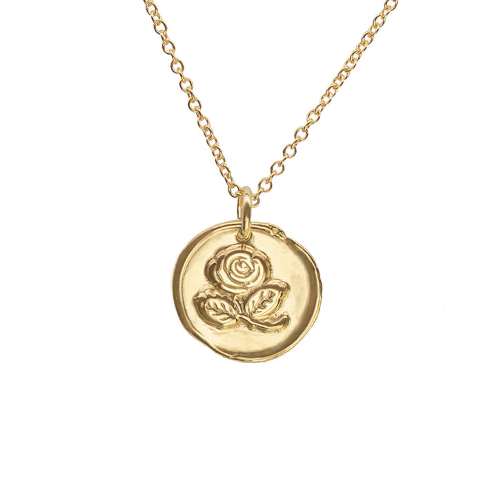 A gold-plated necklace with a round pendant featuring an embossed Irish Rose design. The pendant is attached to a fine gold chain. The background is white, emphasizing the intricate details of The Irish Rose Necklace Gold by Andrea Mears Jewellery.