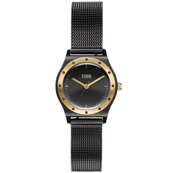 A stylish Storm Sian Slate wristwatch from Storm Watches featuring a black metallic mesh band, a black face with lazer dials, gold-tone hour and minute hands, and a gold-tone bezel. The brand name "STORM" is written in gold above the center of the watch face.